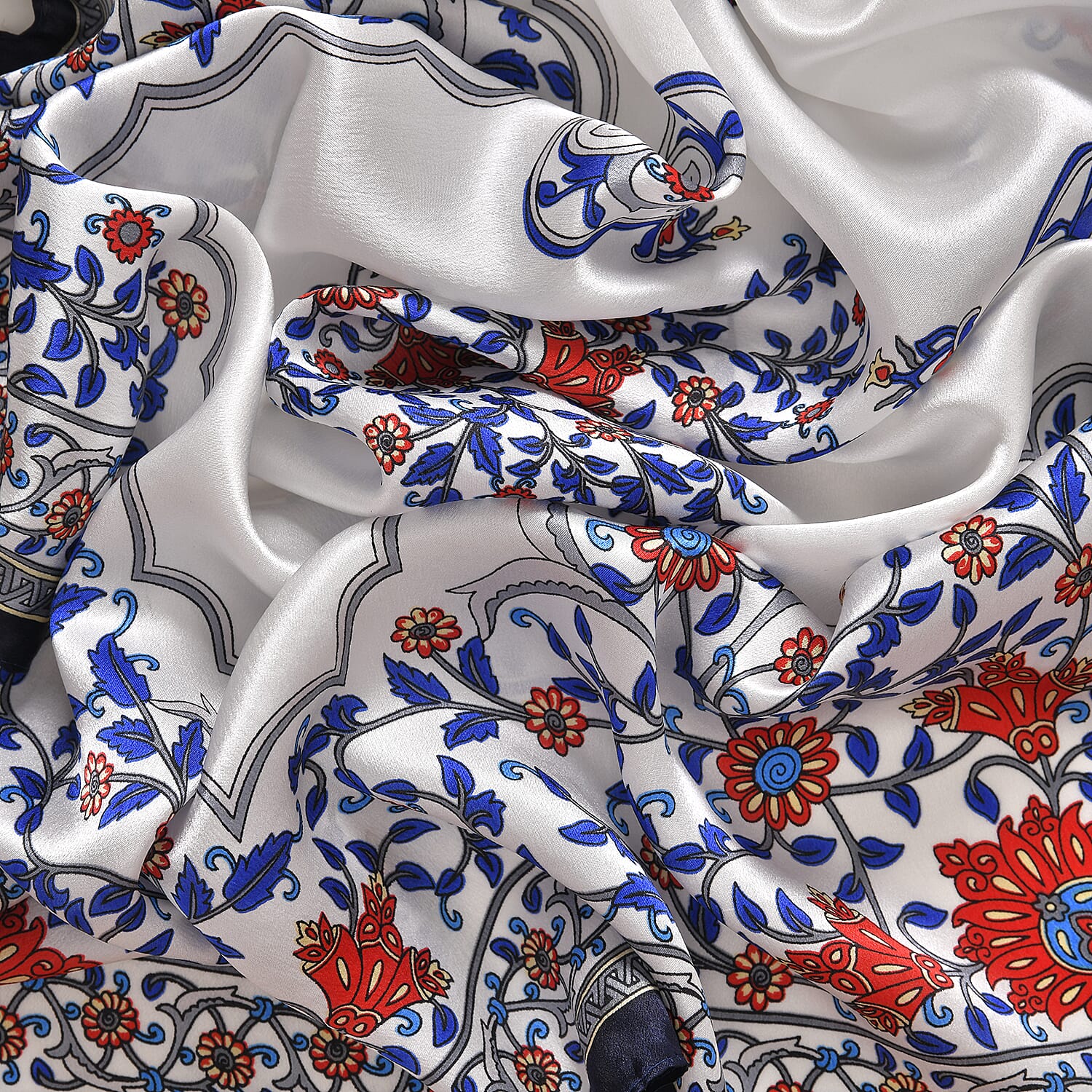 LA MAREY 100% Silk Floral Pattern Scarf (Size 171x53 cm) - White - Red