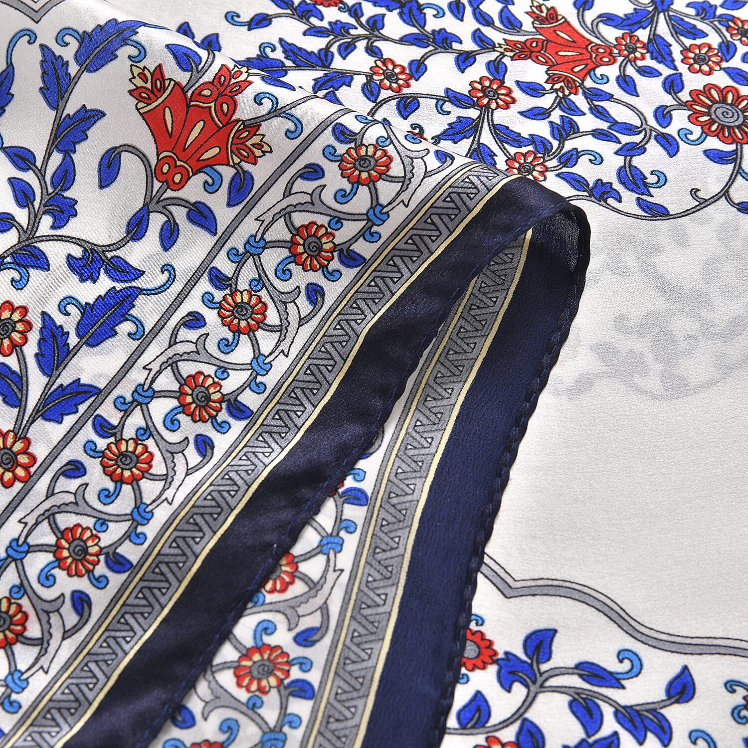 LA MAREY 100% Silk Floral Pattern Scarf (Size 171x53 cm) - White - Red