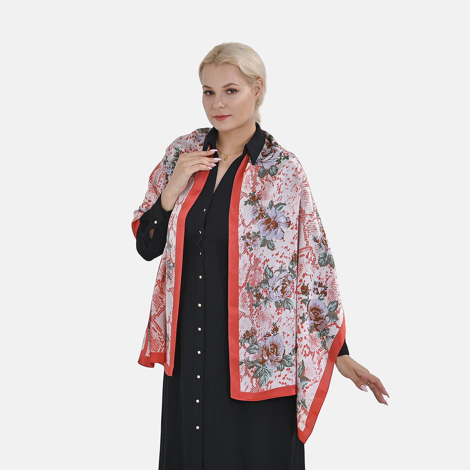 LA MAREY 100% Silk Floral Pattern Scarf (Size 171x53 cm) - Red - Blue