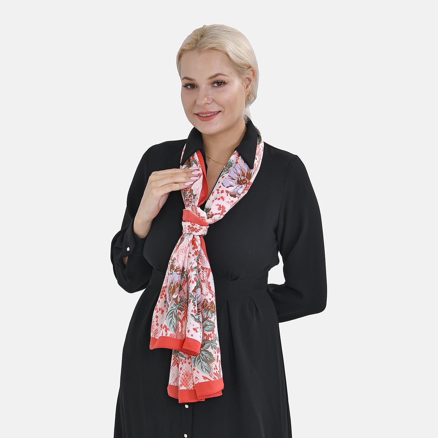 LA MAREY 100% Silk Floral Pattern Scarf (Size 171x53 cm) - Red - Blue