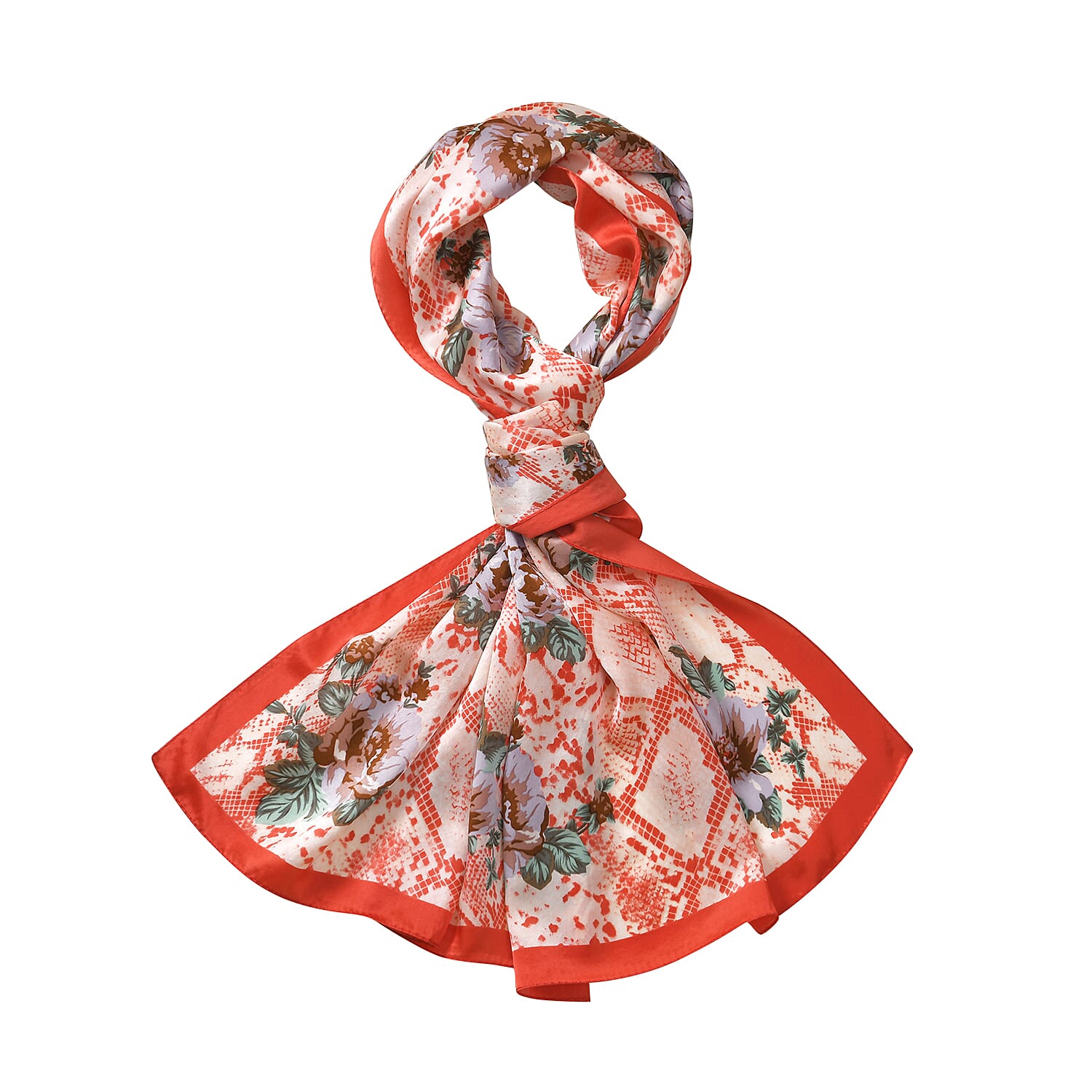 LA MAREY 100% Silk Floral Pattern Scarf (Size 171x53 cm) - Red - Blue