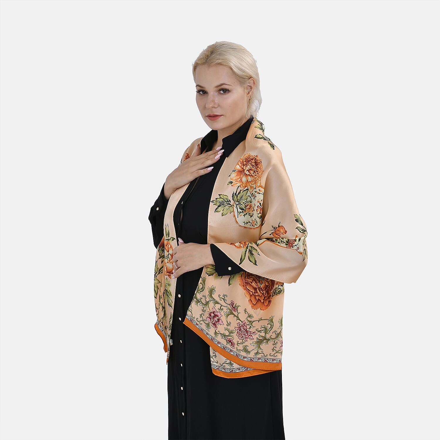 LA MAREY 100% Silk Floral Pattern Scarf (Size 170x53 cm) - Red - Pink