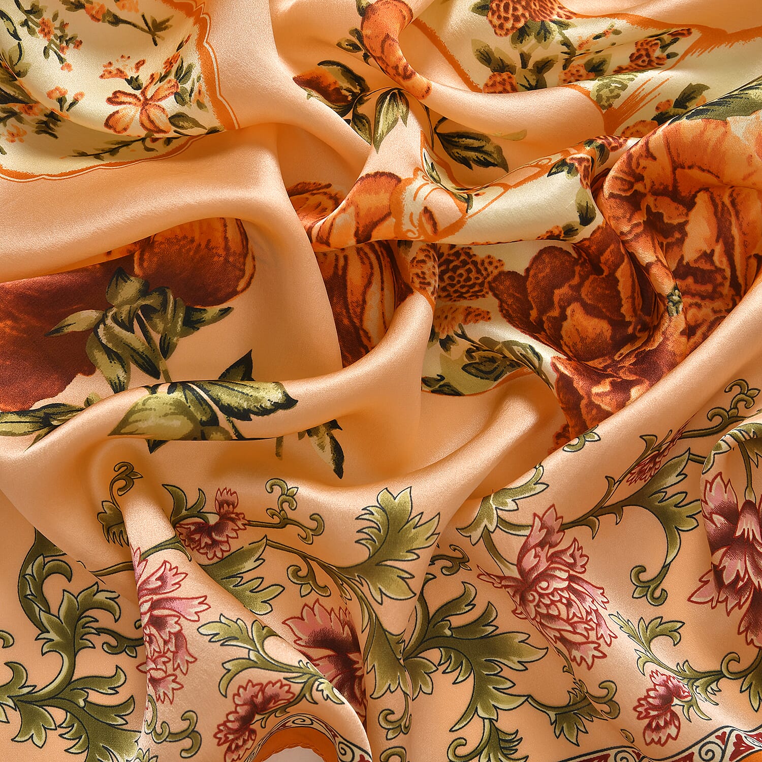 LA MAREY 100% Silk Floral Pattern Scarf (Size 170x53 cm) - Red - Pink