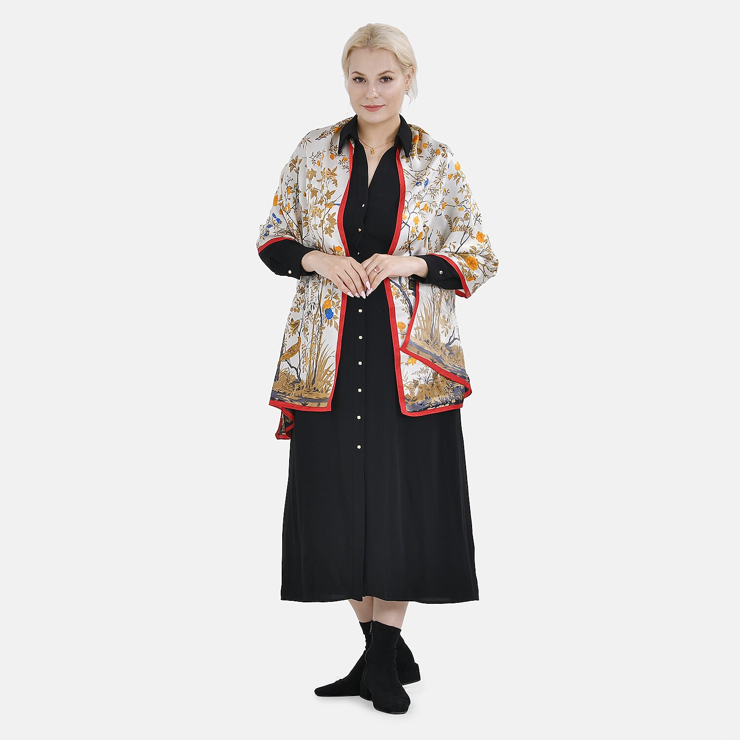 LA MAREY 100% Silk Floral Pattern Scarf (Size 178x53 cm) - White - Yellow