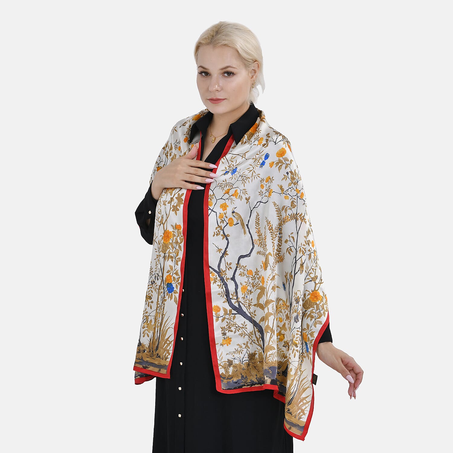 LA MAREY 100% Silk Floral Pattern Scarf (Size 178x53 cm) - White - Yellow