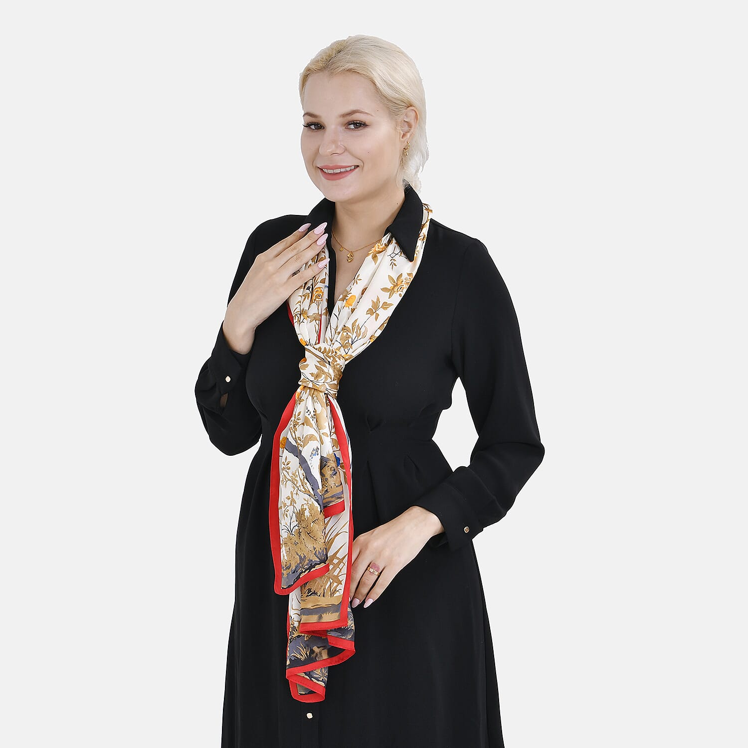 LA MAREY 100% Silk Floral Pattern Scarf (Size 178x53 cm) - White - Yellow