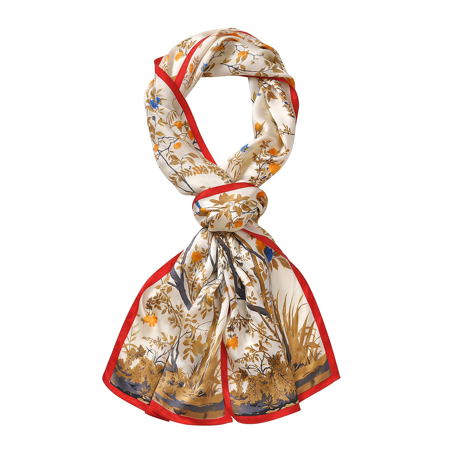 LA MAREY 100% Silk Floral Pattern Scarf (Size 178x53 cm) - White - Yellow