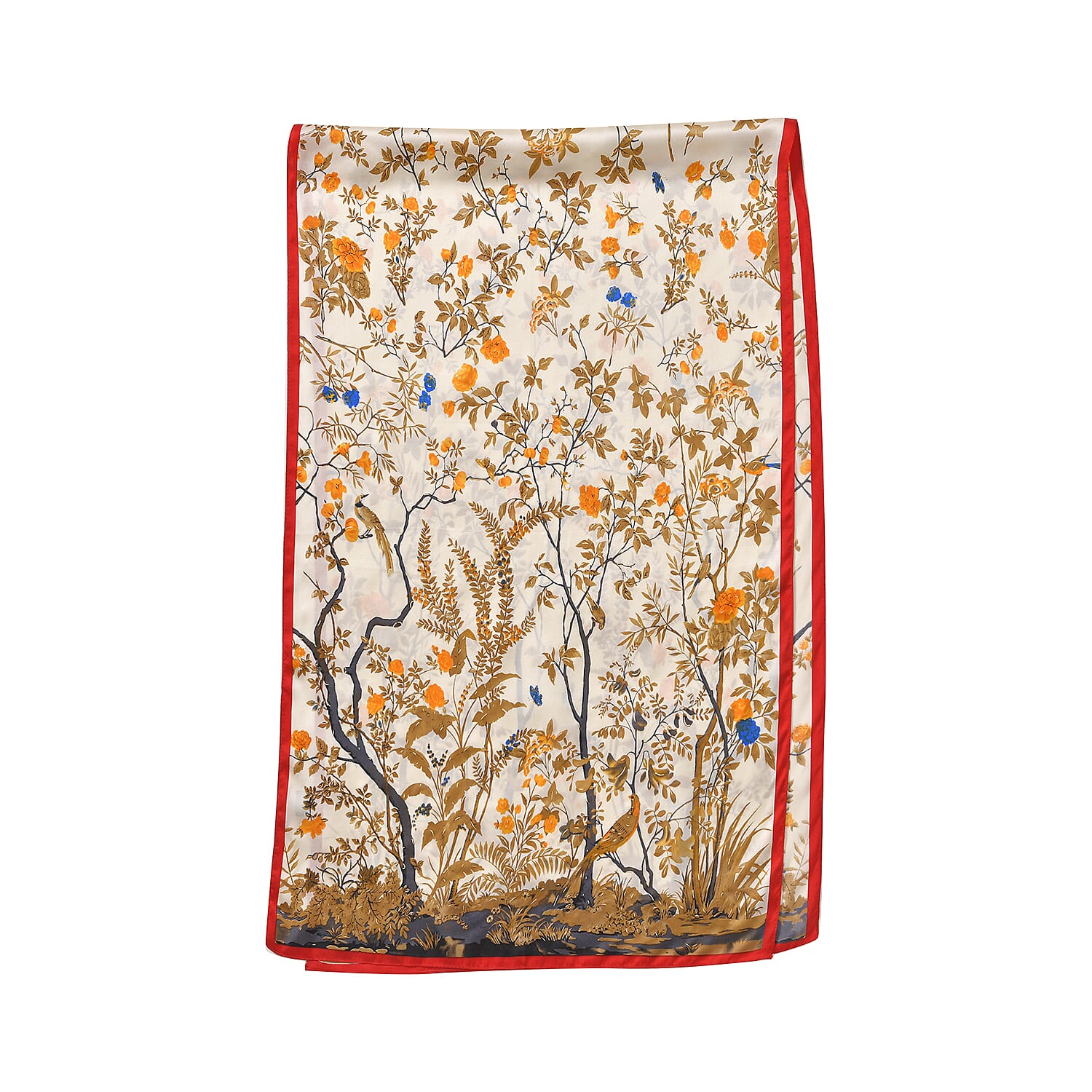 LA MAREY 100% Silk Floral Pattern Scarf (Size 178x53 cm) - White - Yellow