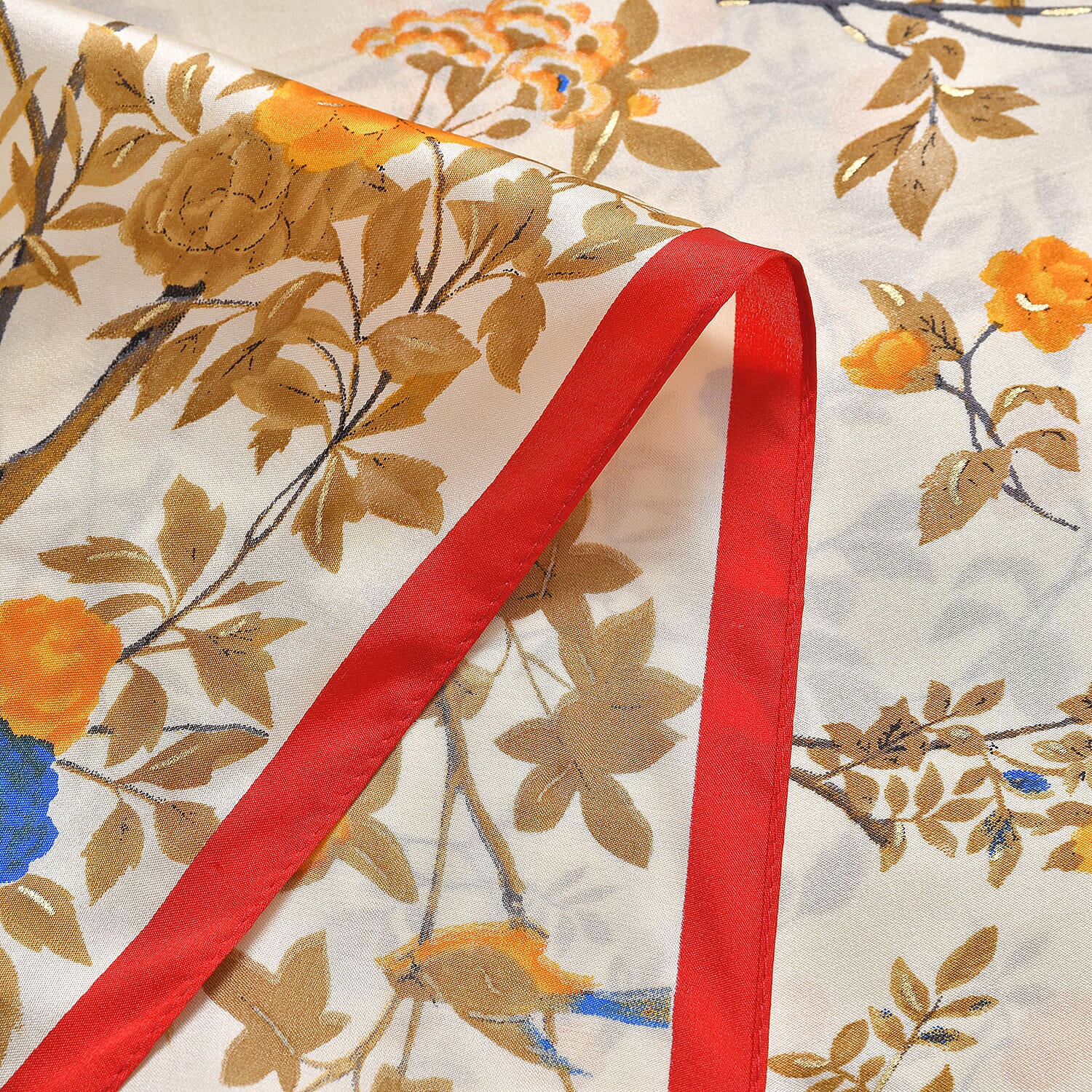 LA MAREY 100% Silk Floral Pattern Scarf (Size 178x53 cm) - White - Yellow