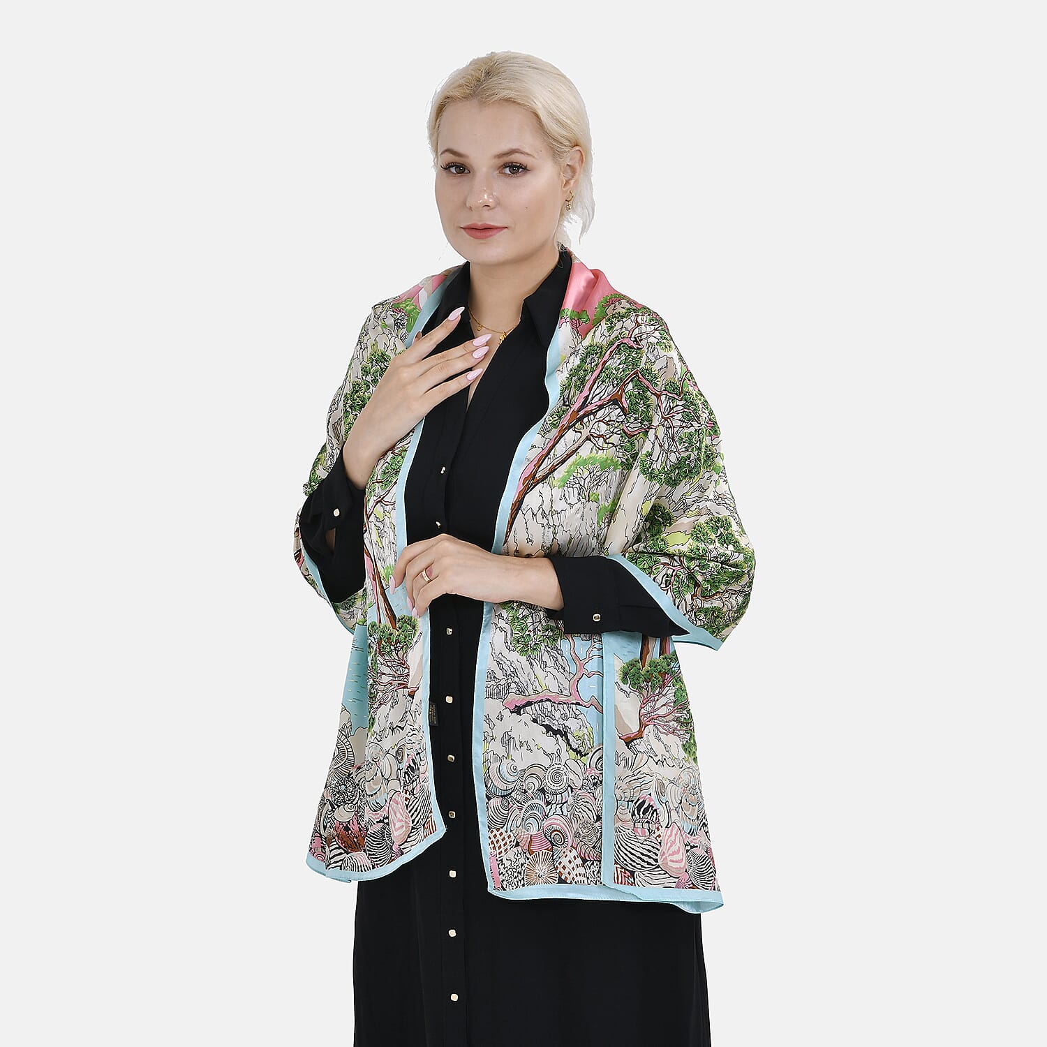 LA MAREY 100% Silk Floral Pattern Scarf (Size 178x53 cm) - Pink & Green