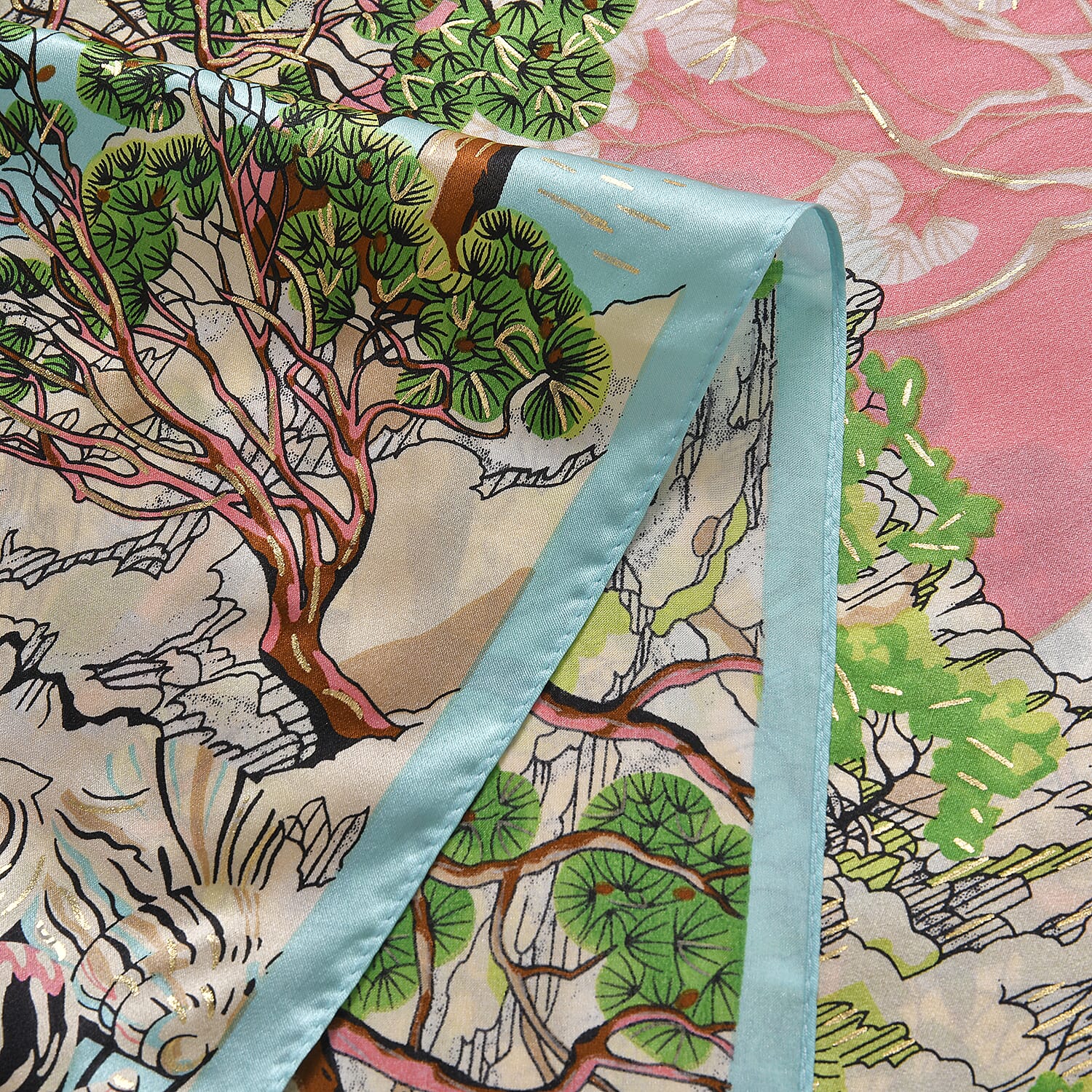 LA MAREY 100% Silk Floral Pattern Scarf (Size 178x53 cm) - Pink & Green