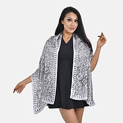 LA MAREY 100% Silk Floral Pattern Scarf (Size 177x53cm) - Light Grey & Red