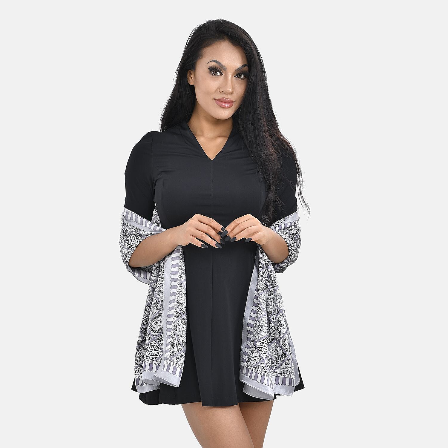 LA MAREY 100% Silk Scarf (Size 167x53cm) - Grey & Black