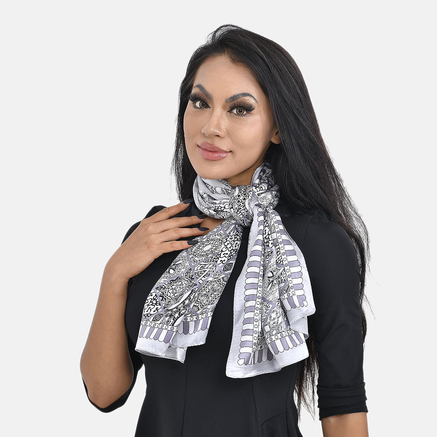 LA MAREY 100% Silk Scarf (Size 167x53cm) - Grey & Black