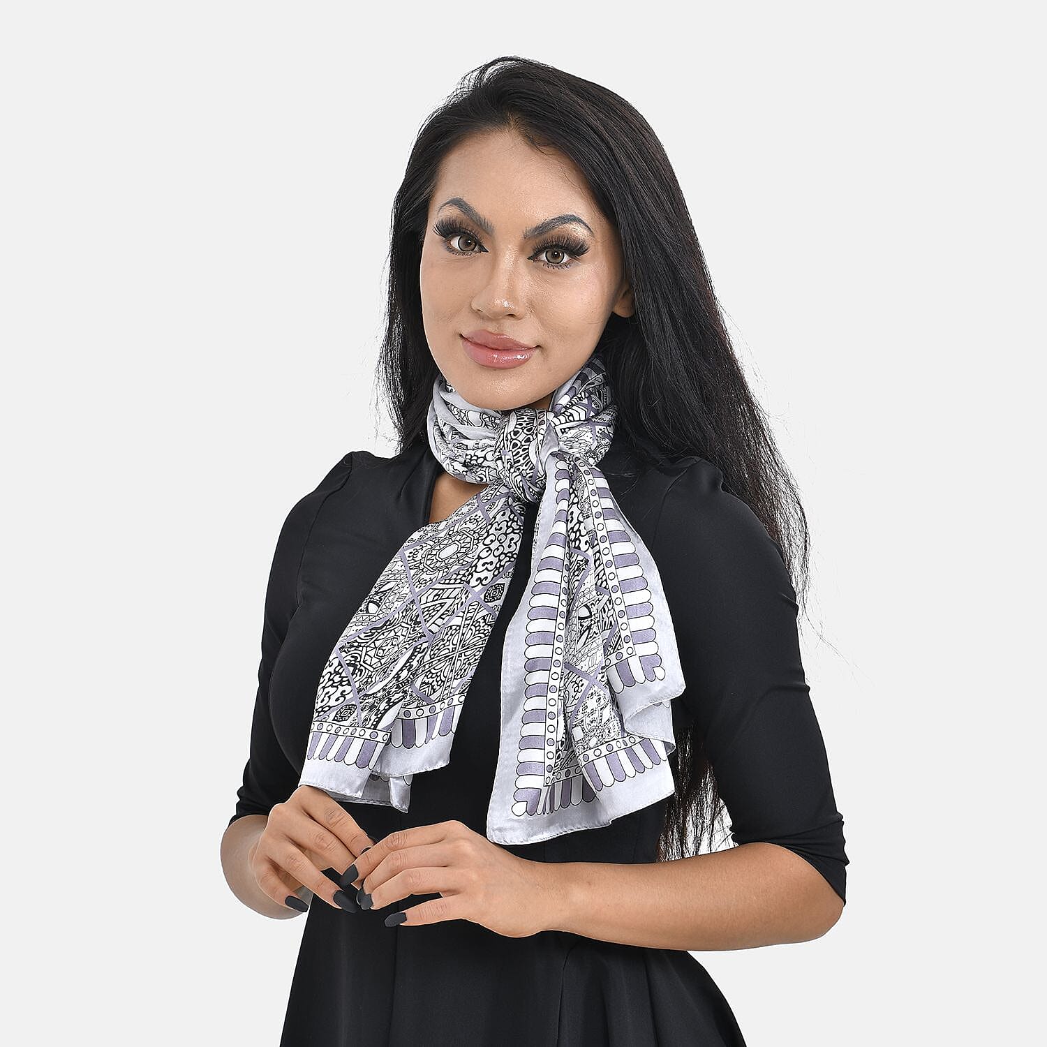 LA MAREY 100% Silk Scarf (Size 167x53cm) - Grey & Black