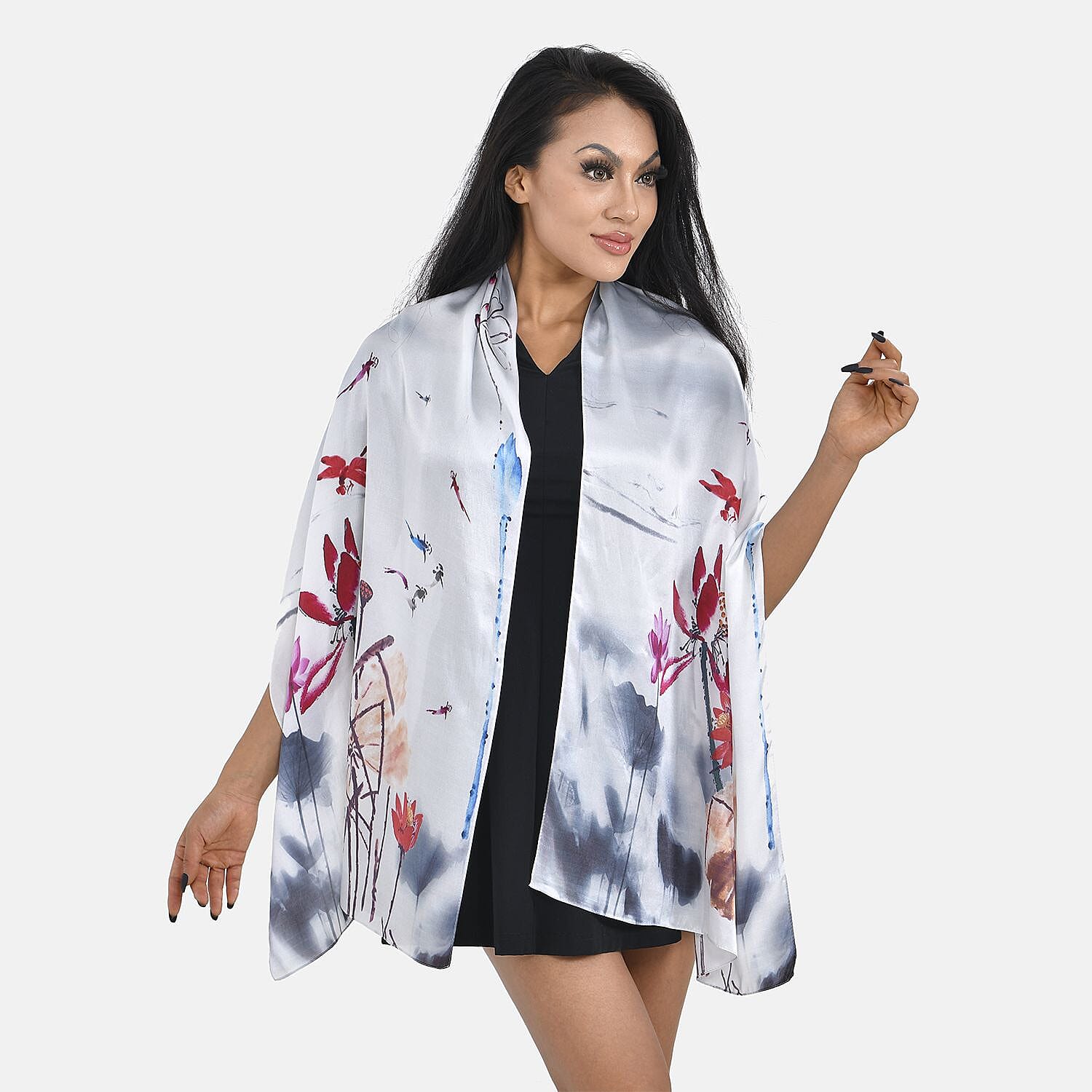 LA MAREY 100% Silk Floral Pattern Scarf (Size 177x53cm) - Light Grey & Red