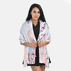 LA MAREY 100% Silk Floral Pattern Scarf (Size 177x53cm) - Light Grey & Red