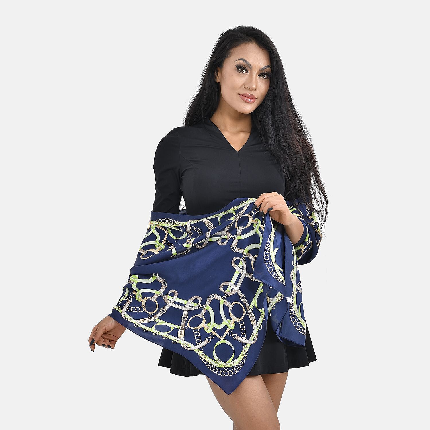 La Marey 100% Mulberry Silk Patterned Scarf (Size 170x52 cm) - Navy & Green