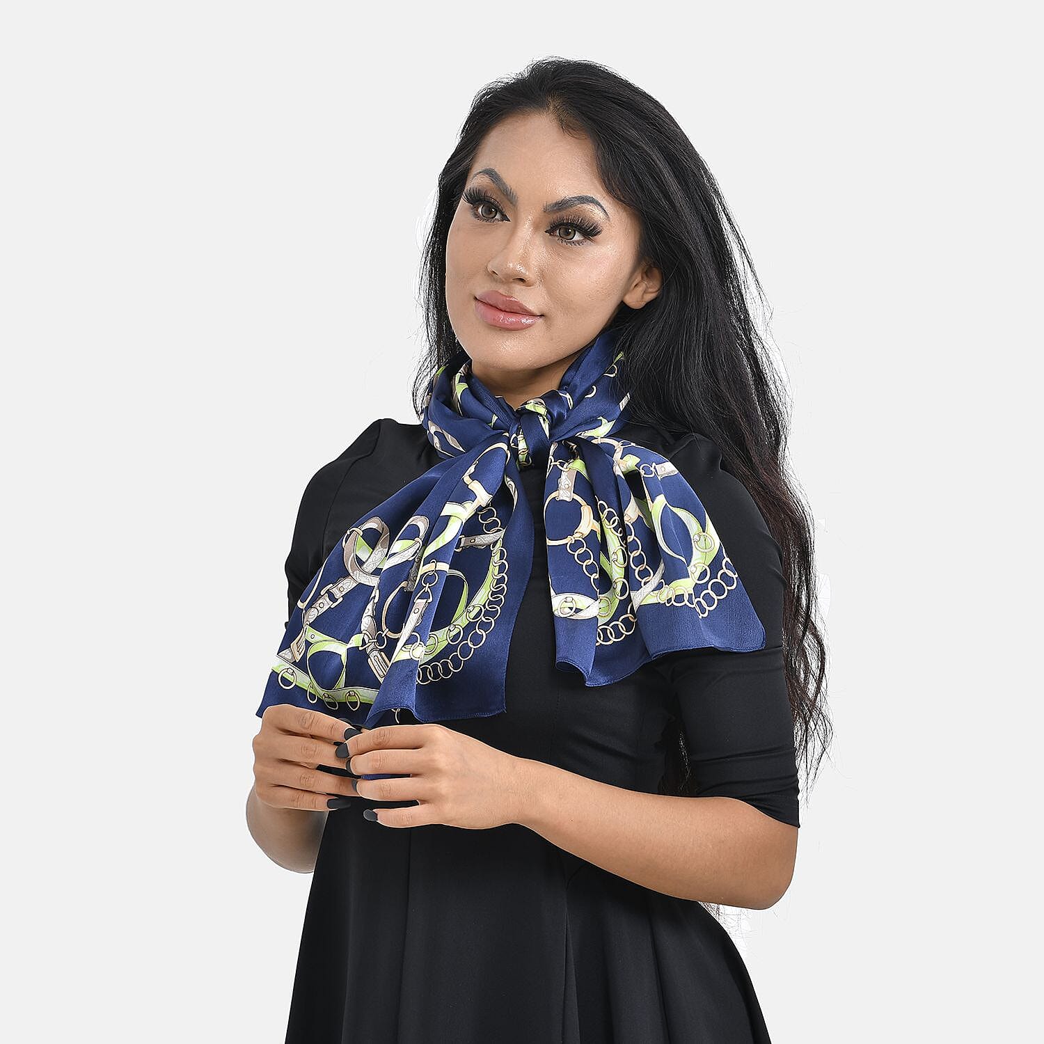 La Marey 100% Mulberry Silk Patterned Scarf (Size 170x52 cm) - Navy & Green