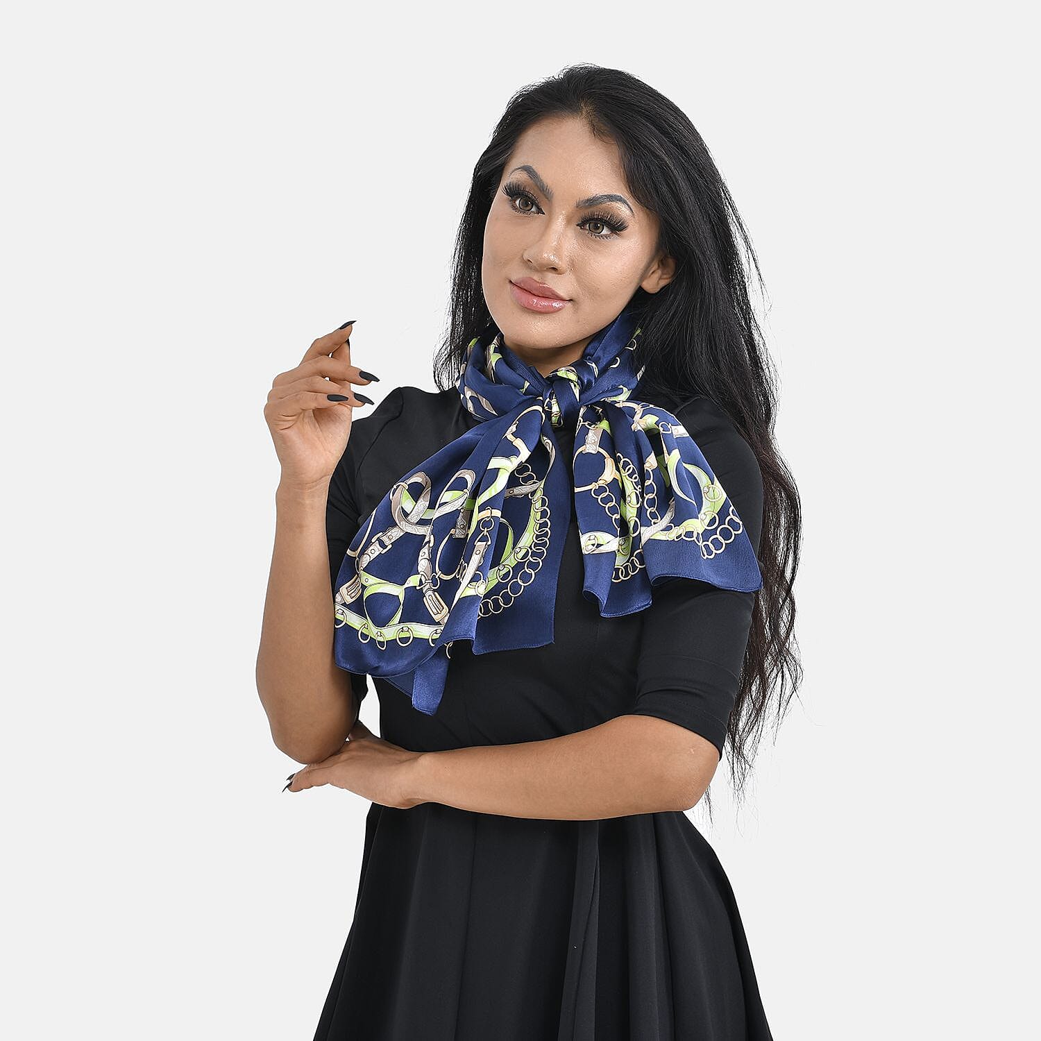 La Marey 100% Mulberry Silk Patterned Scarf (Size 170x52 cm) - Navy & Green