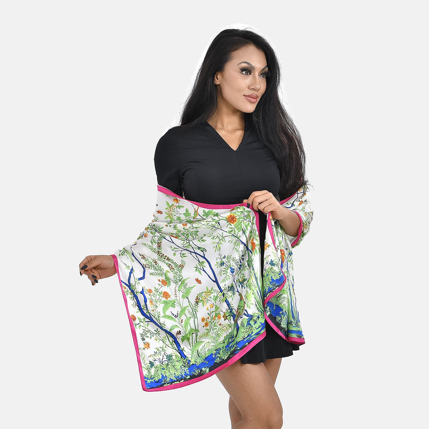 La Marey 100% Mulberry Silk Floral Print Scarf (Size 170x52 cm) - Cream & Multi