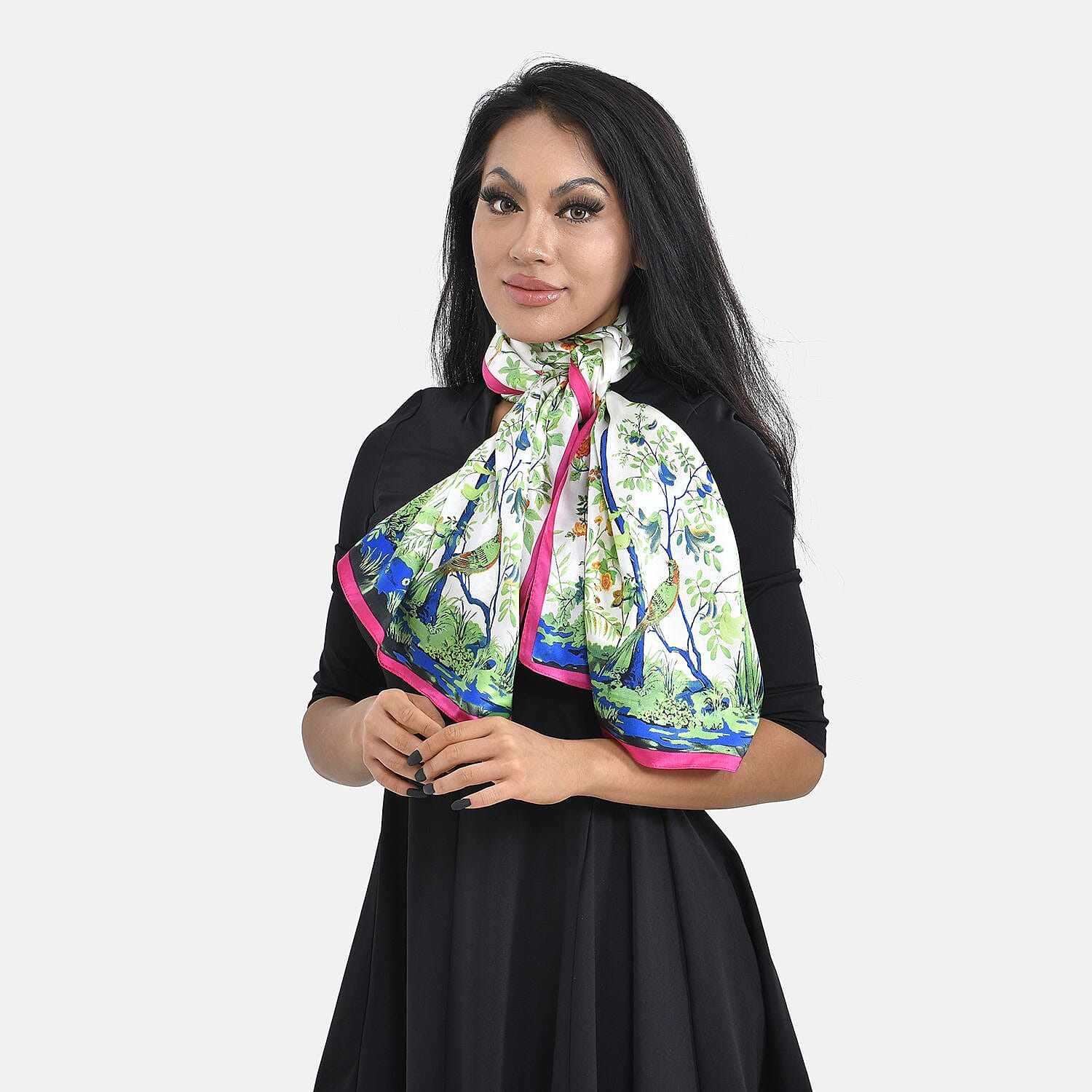 La Marey 100% Mulberry Silk Floral Print Scarf (Size 170x52 cm) - Cream & Multi