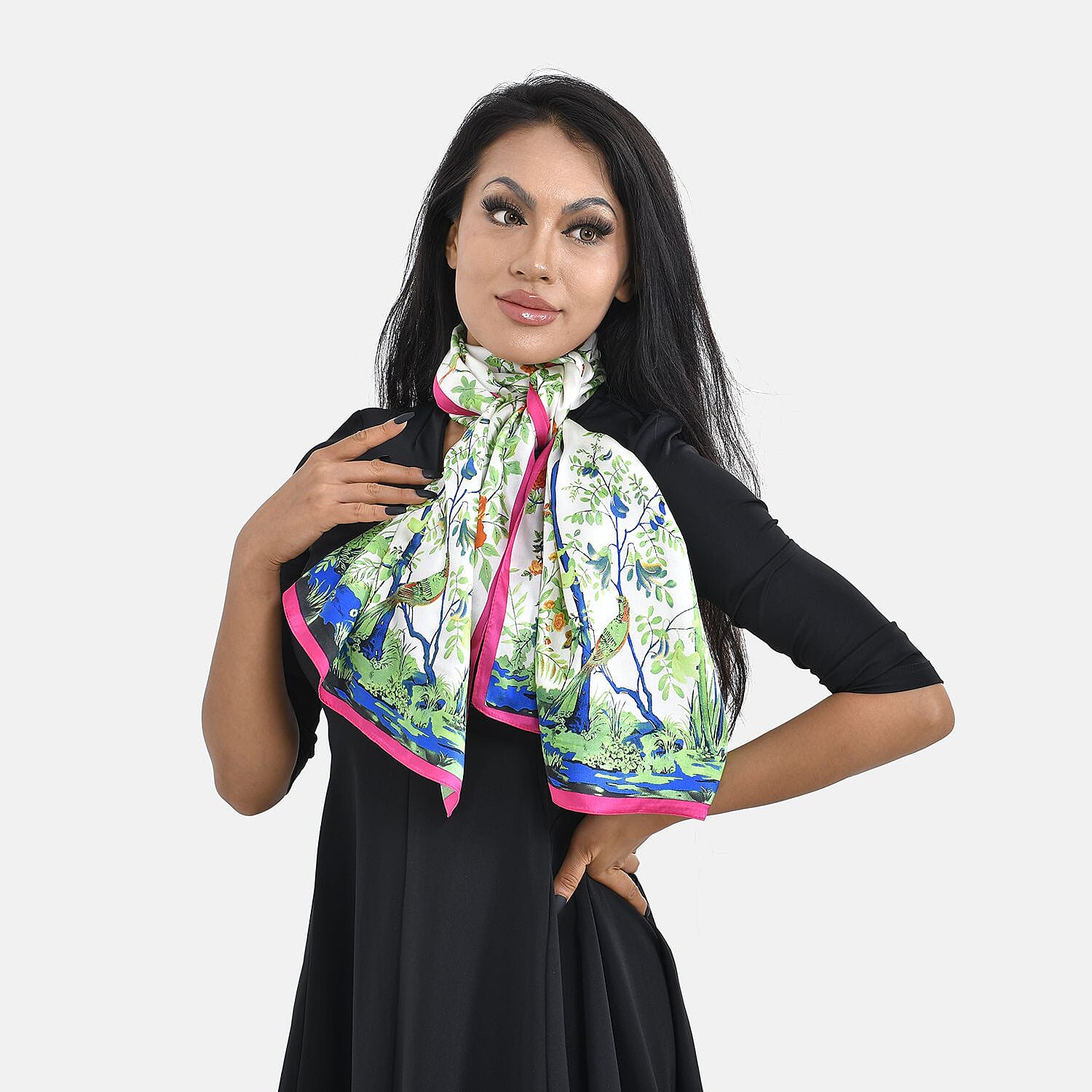 La Marey 100% Mulberry Silk Floral Print Scarf (Size 170x52 cm) - Cream & Multi