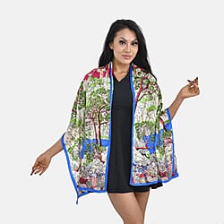 La Marey 100% Mulberry Silk Patterned Scarf (Size 170x52 cm) - Navy & Green