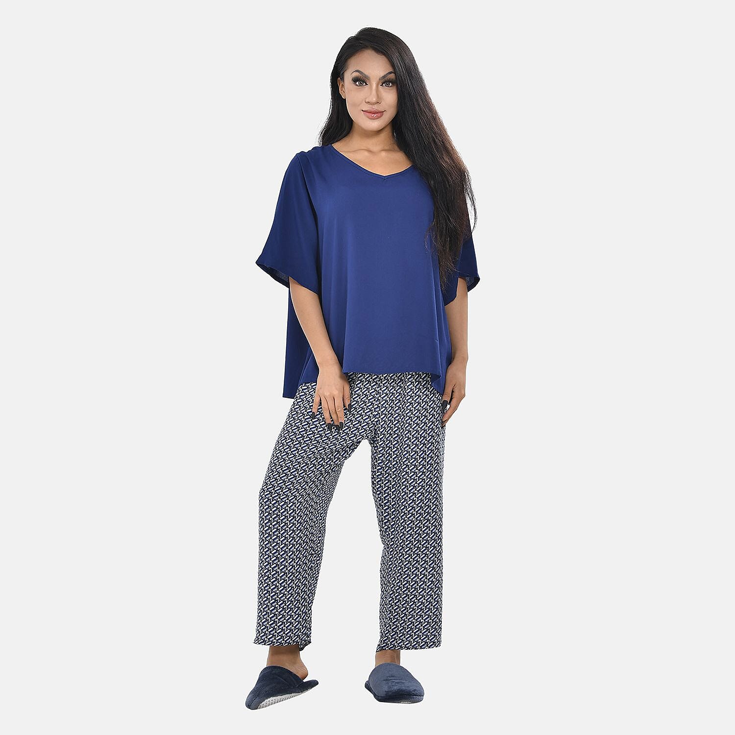 TAMSY 100% Viscose Short Sleeves Top with Check Printed Trousers (Size L,16-18) - Dark Blue