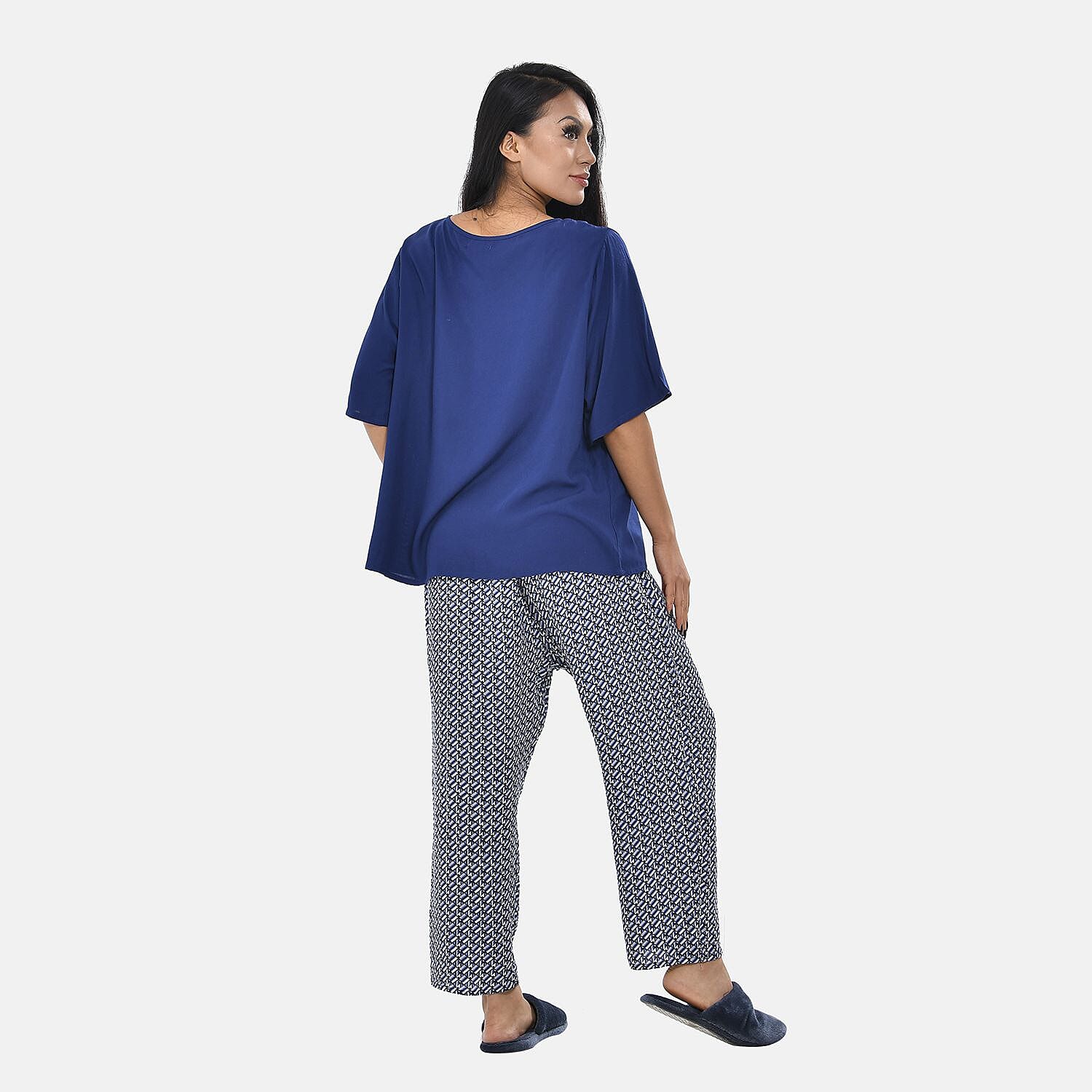 TAMSY 100% Viscose Short Sleeves Top with Check Printed Trousers (Size L,16-18) - Dark Blue