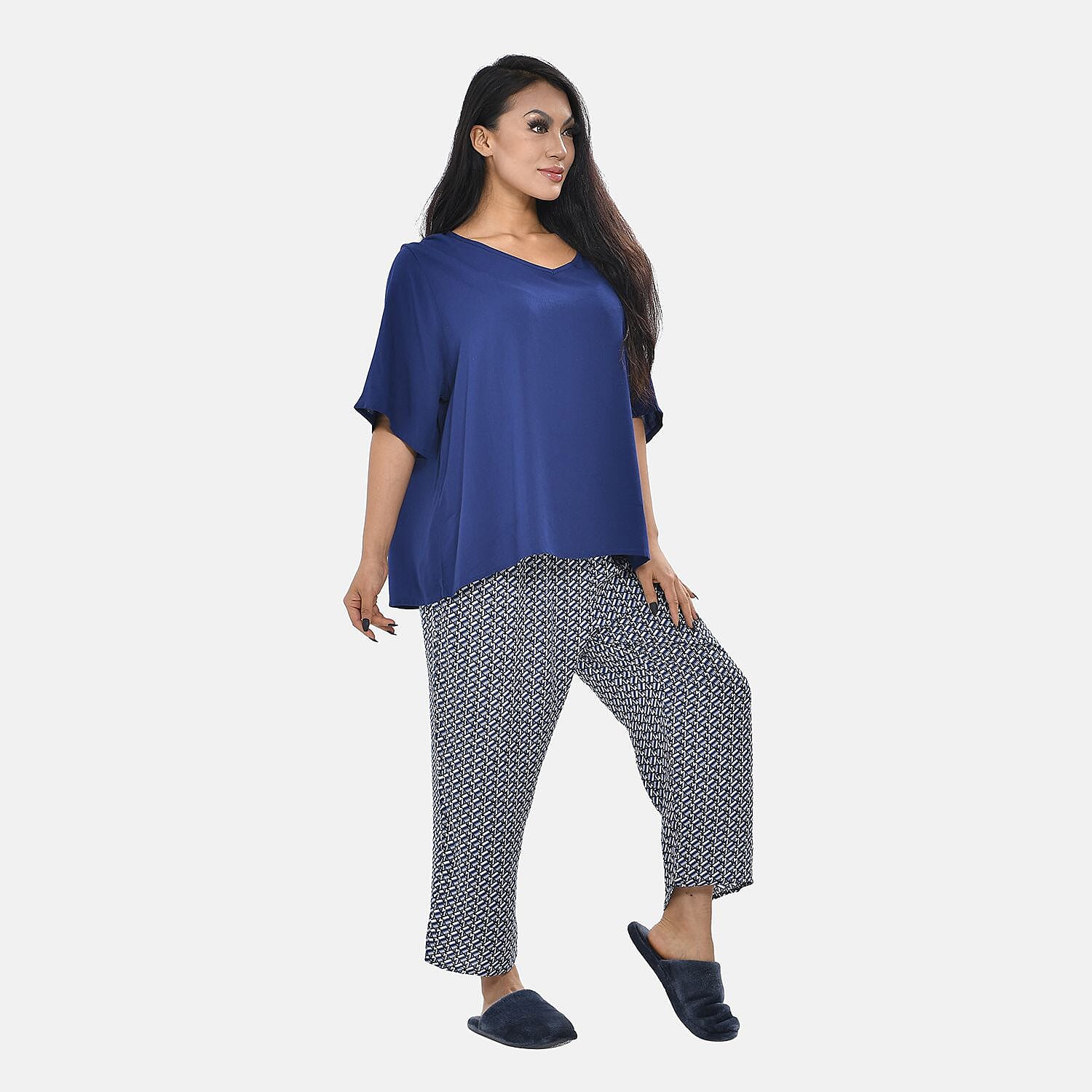 TAMSY 100% Viscose Short Sleeves Top with Check Printed Trousers (Size L,16-18) - Dark Blue