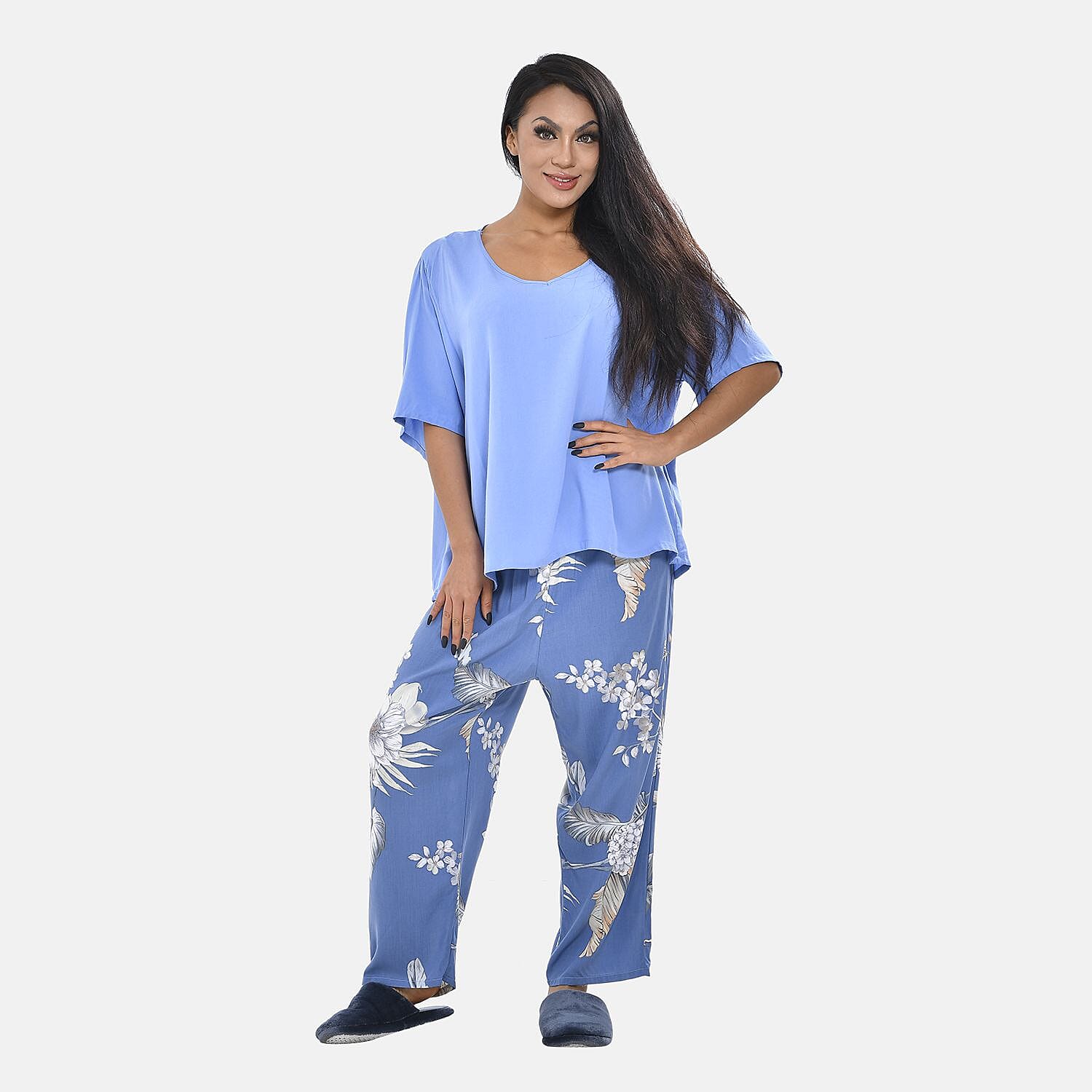 Tamsy 100% Viscose Short Sleeves Top with Floral Printed Trousers (Size M, 12-14) - Navy Blue and White