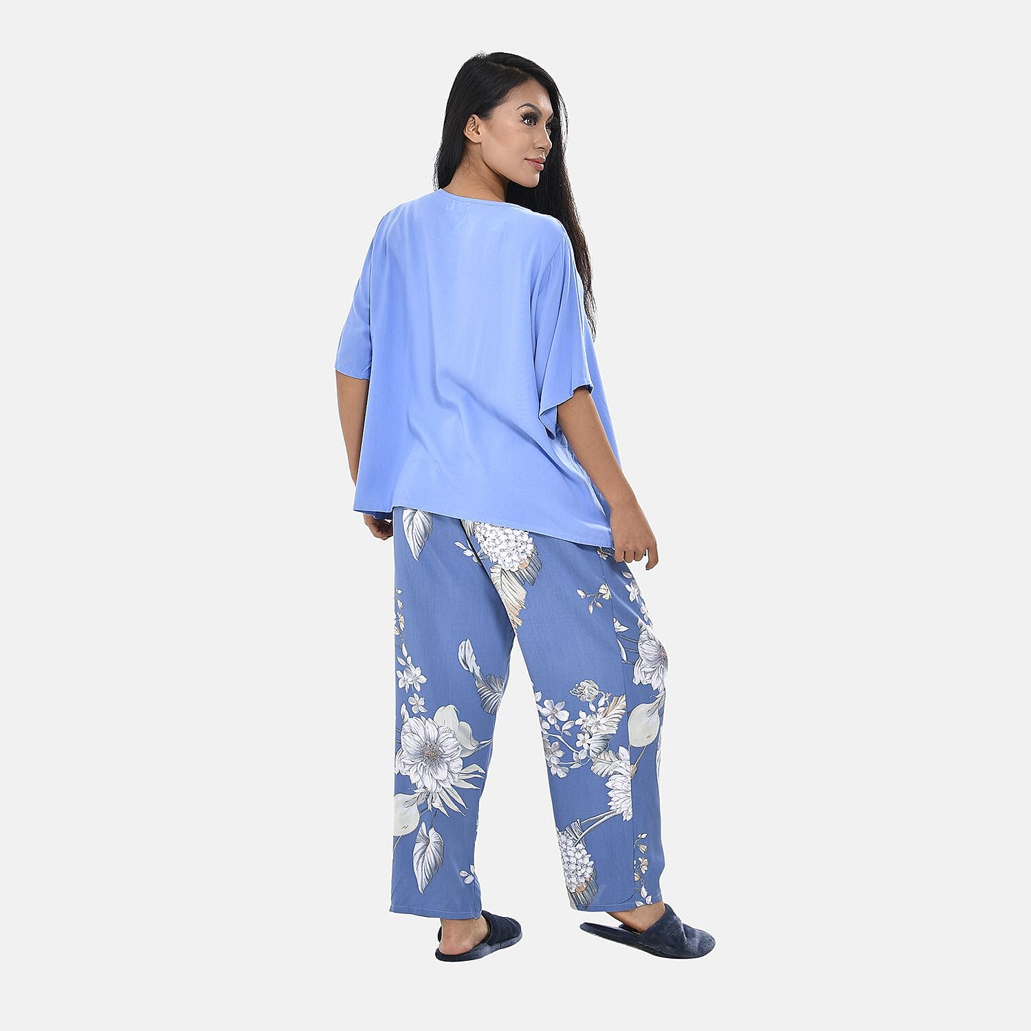 Tamsy 100% Viscose Short Sleeves Top with Check Printed Trousers (Size M, 12-14) - Dark Blue