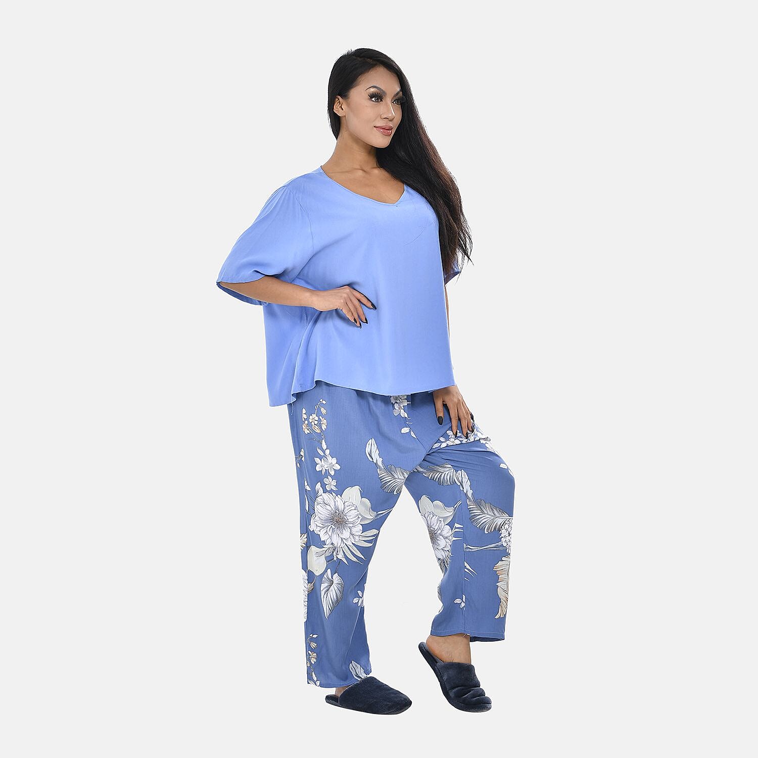 Tamsy 100% Viscose Short Sleeves Top with Check Printed Trousers (Size M, 12-14) - Dark Blue