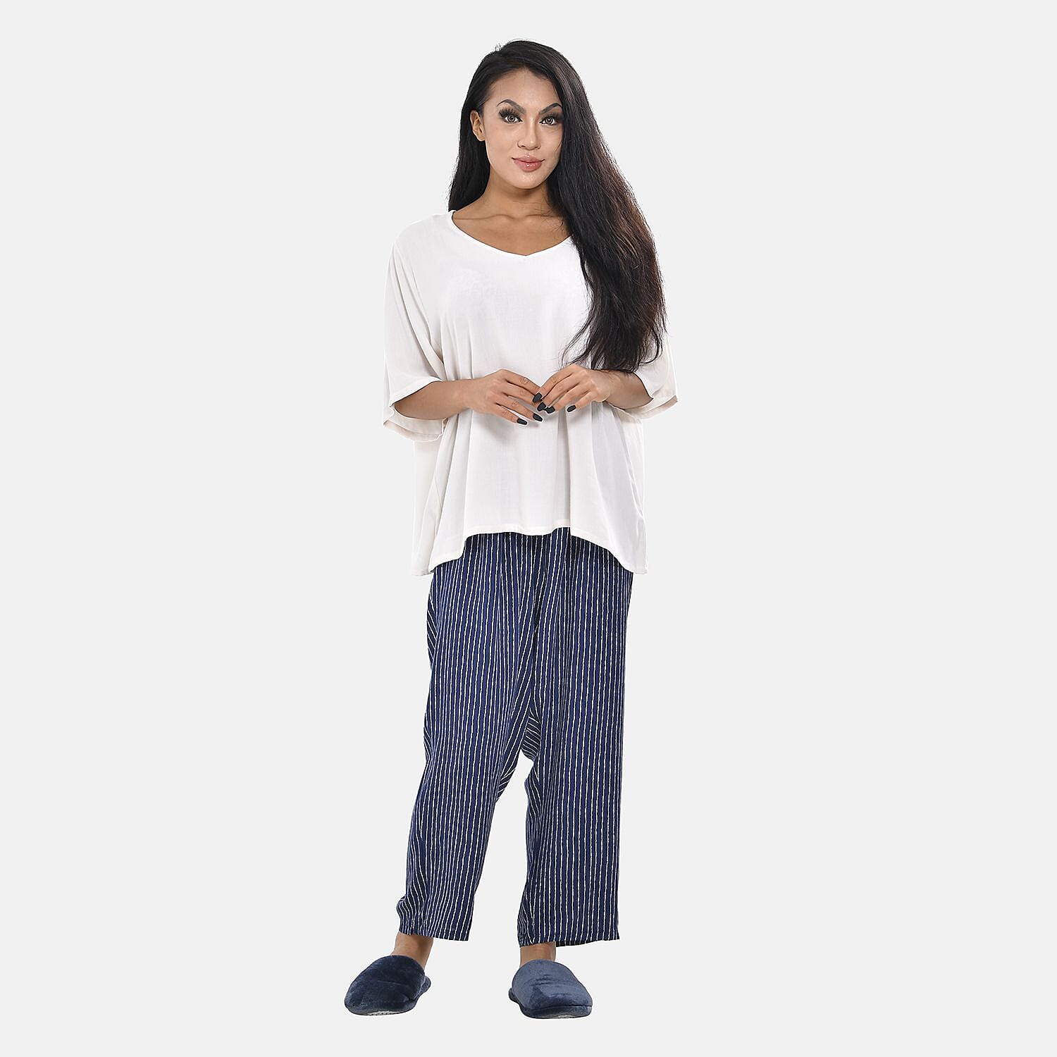 Tamsy 100% Viscose Short Sleeves Top with Check Printed Trousers (Size M, 12-14) - Dark Blue