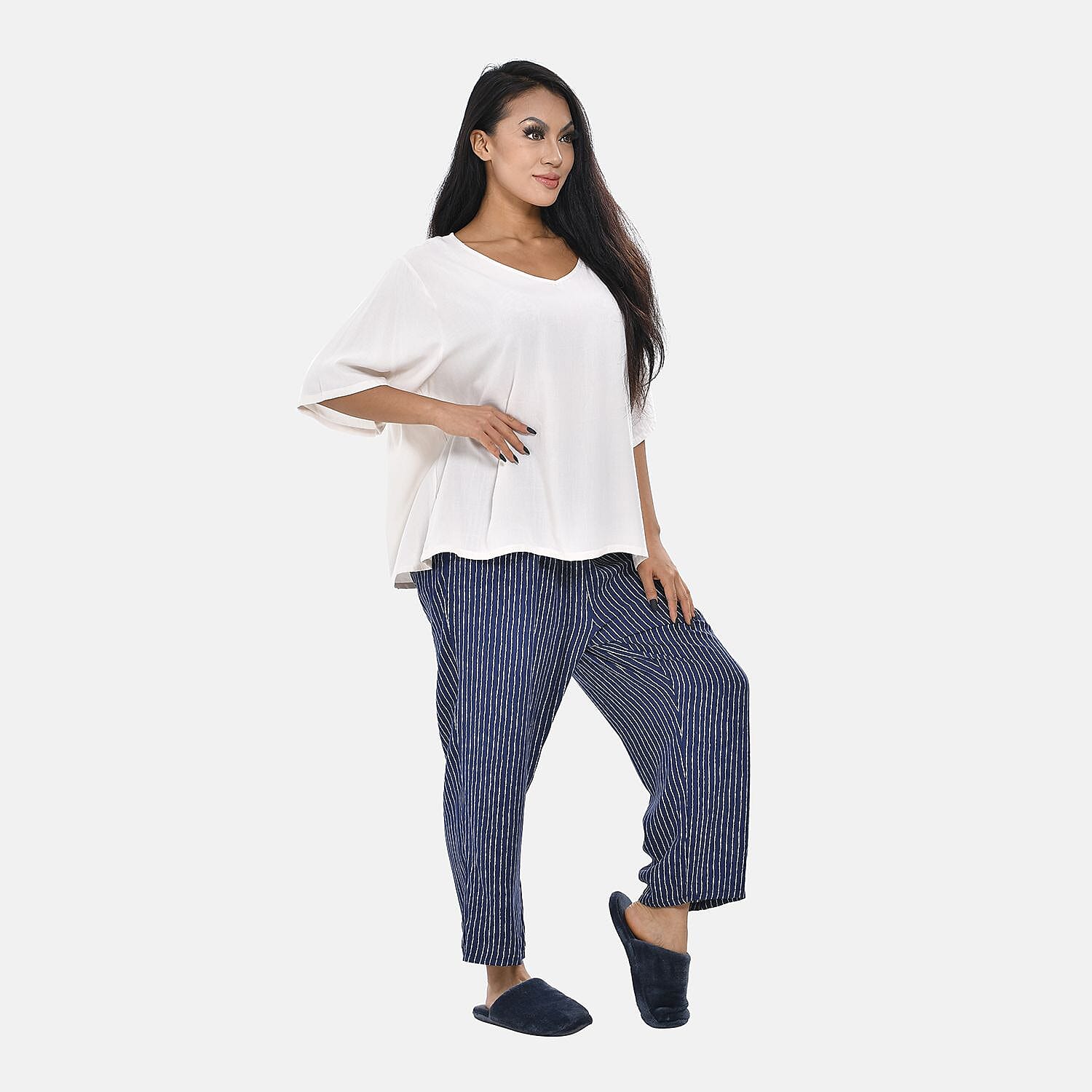 Tamsy 100% Viscose Short Sleeves Top with Check Printed Trousers (Size M, 12-14) - Dark Blue