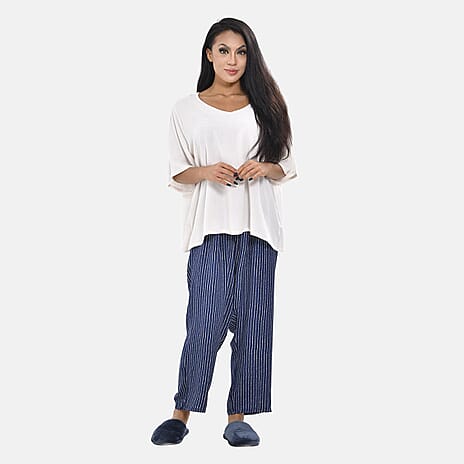 Tamsy 100% Viscose Short Sleeves Top with Stripe Pattern Trousers (Size XL, 20-22) -Beige & Navy Blue