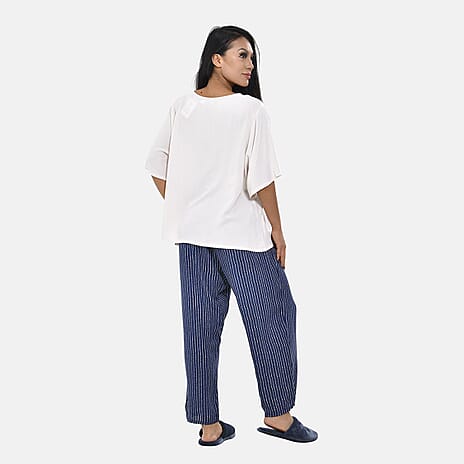 Tamsy 100% Viscose Short Sleeves Top with Stripe Pattern Trousers (Size XL, 20-22) -Beige & Navy Blue