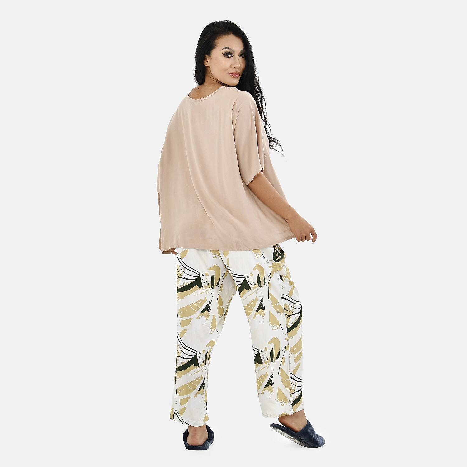 Tamsy 100% Viscose Loungewear Sets (Size M,12-14) - Khaki Brown & White