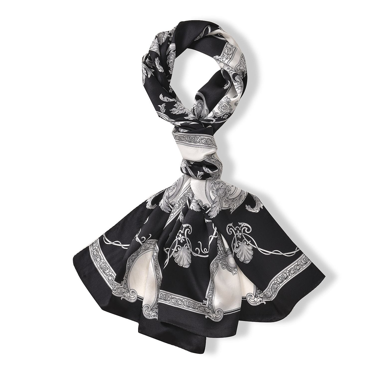 La Marey 100% Mulberry Silk Damask Pattern Scarf (Size 170x53 cm) - Black - White
