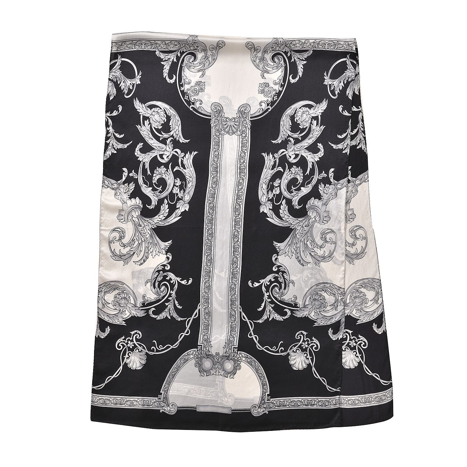 La Marey 100% Mulberry Silk Damask Pattern Scarf (Size 170x53 cm) - Black - White