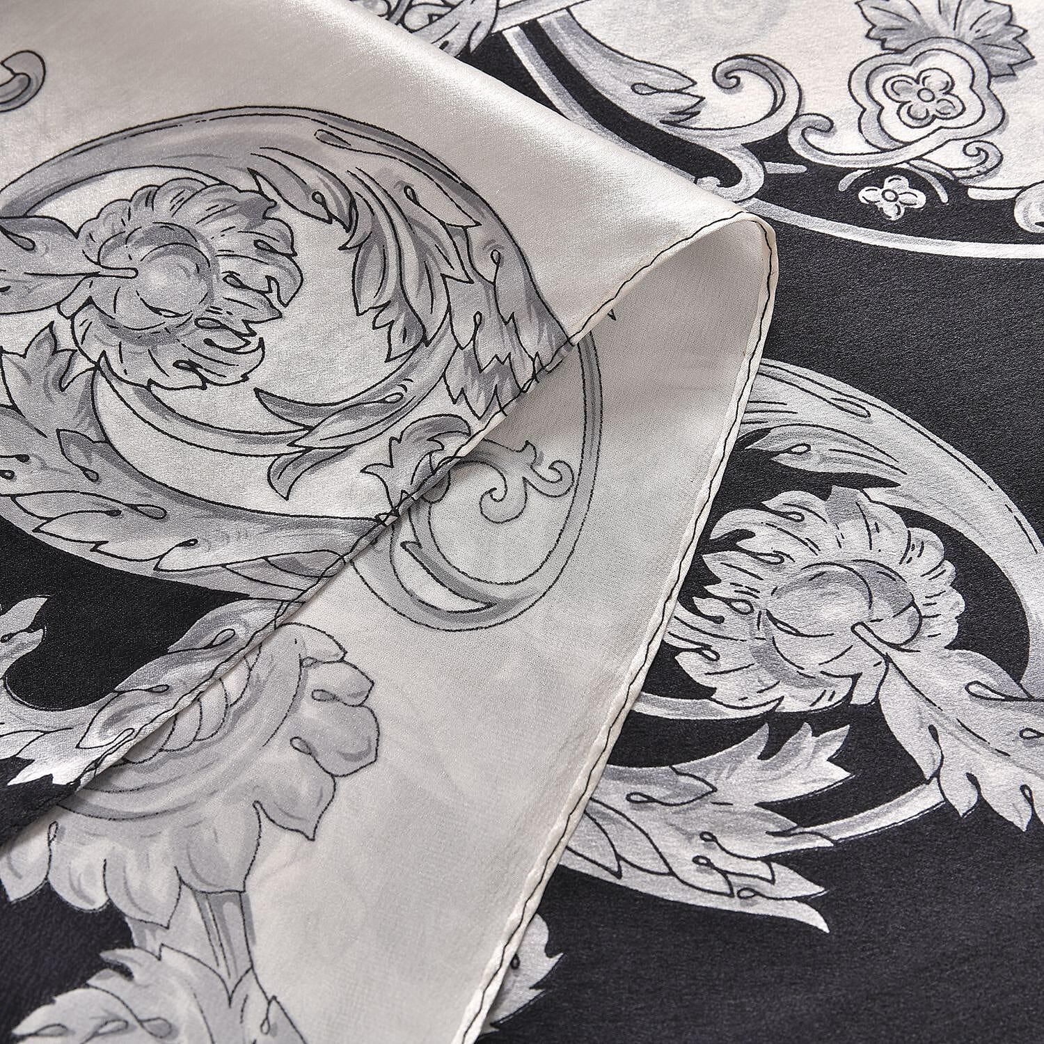 La Marey 100% Mulberry Silk Damask Pattern Scarf (Size 170x53 cm) - Black - White