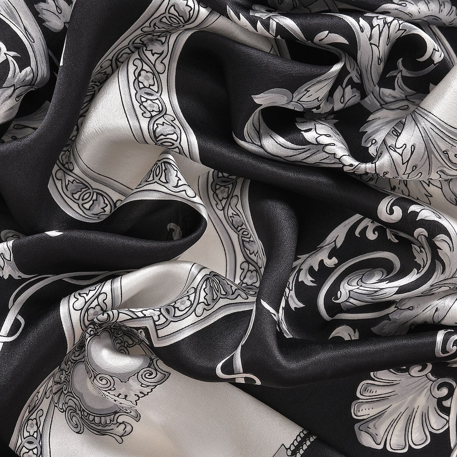 La Marey 100% Mulberry Silk Damask Pattern Scarf (Size 170x53 cm) - Black - White