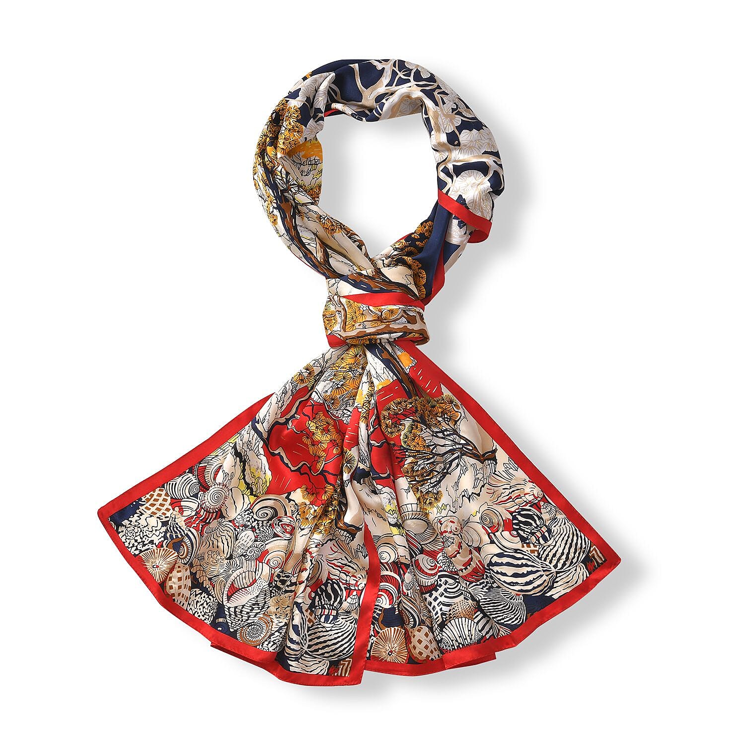 La Marey 100% Mulberry Silk Tree Pattern Scarf (Size 177x53 cm) - Blue - Yellow