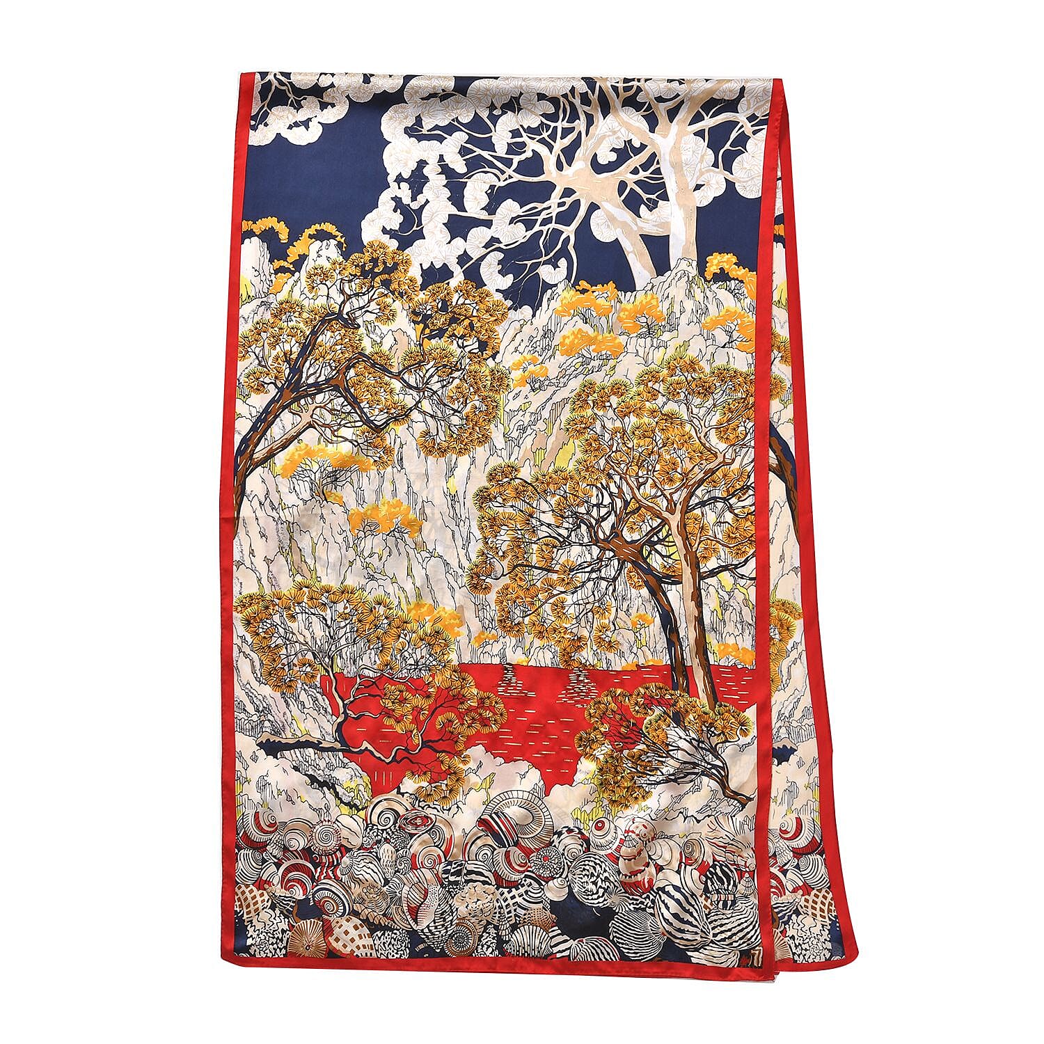 La Marey 100% Mulberry Silk Tree Pattern Scarf (Size 177x53 cm) - Blue - Yellow