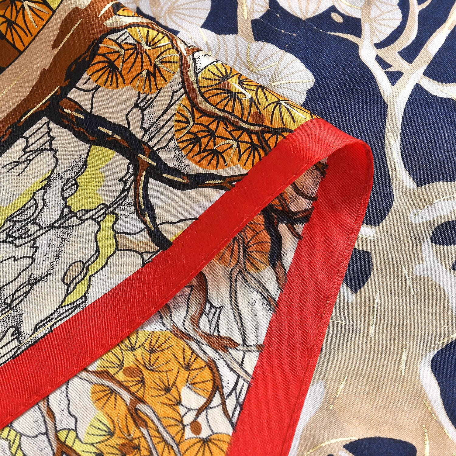 La Marey 100% Mulberry Silk Tree Pattern Scarf (Size 177x53 cm) - Blue - Yellow