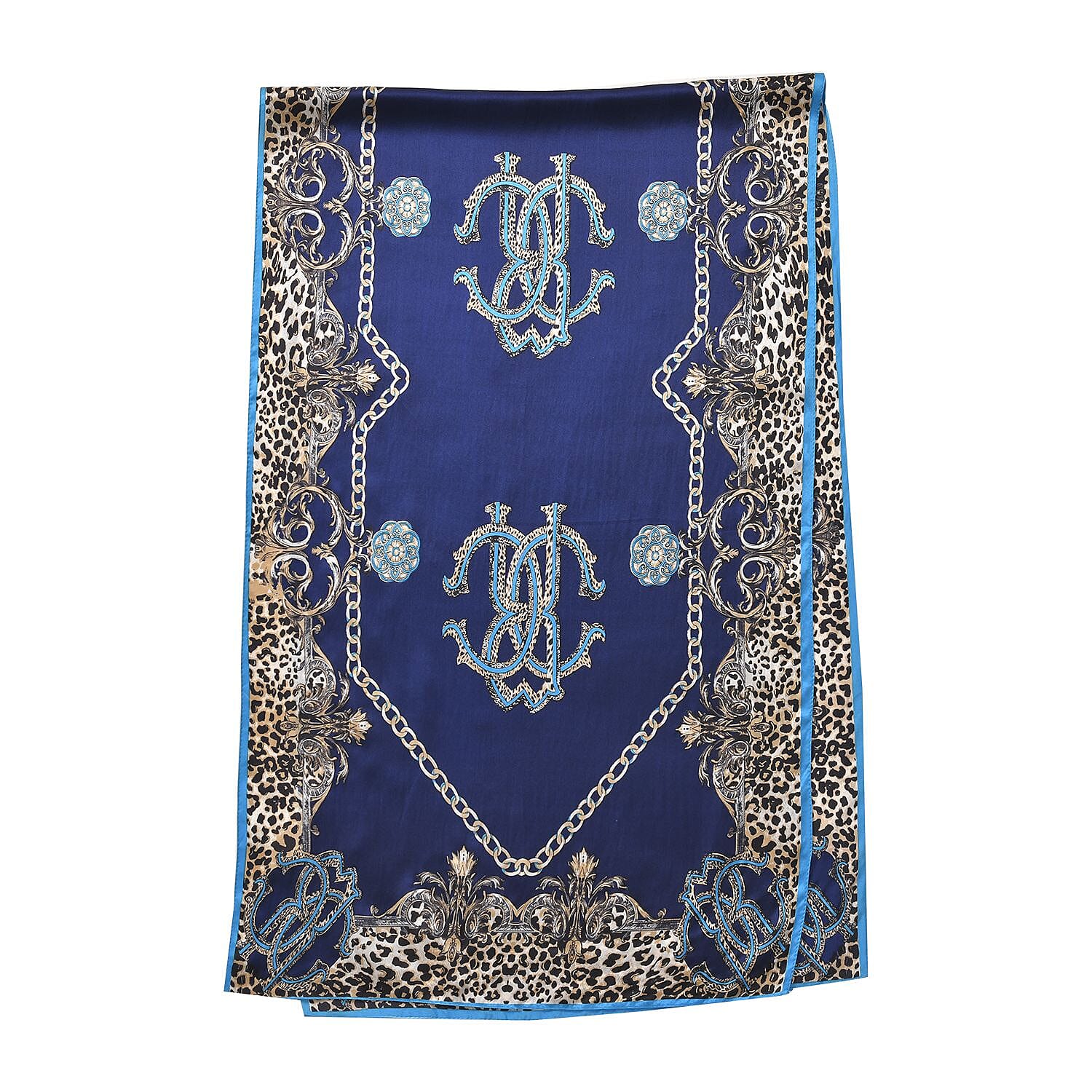 La Marey 100% Mulberry Silk Leopard Pattern Scarf (Size 175x52 cm) - Blue - Black