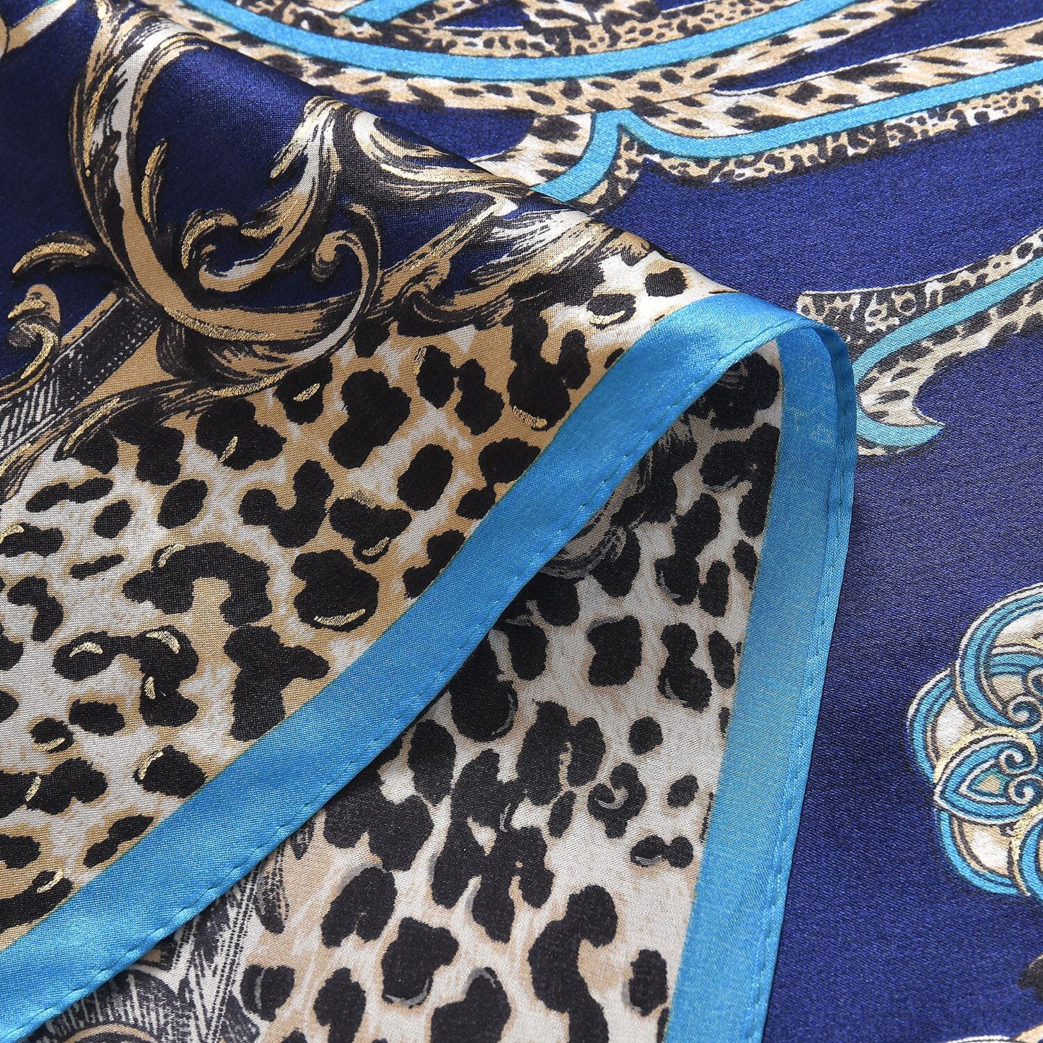 La Marey 100% Mulberry Silk Leopard Pattern Scarf (Size 175x52 cm) - Blue - Black