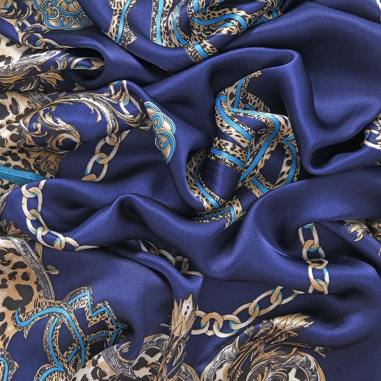 La Marey 100% Mulberry Silk Leopard Pattern Scarf (Size 175x52 cm) - Blue - Black