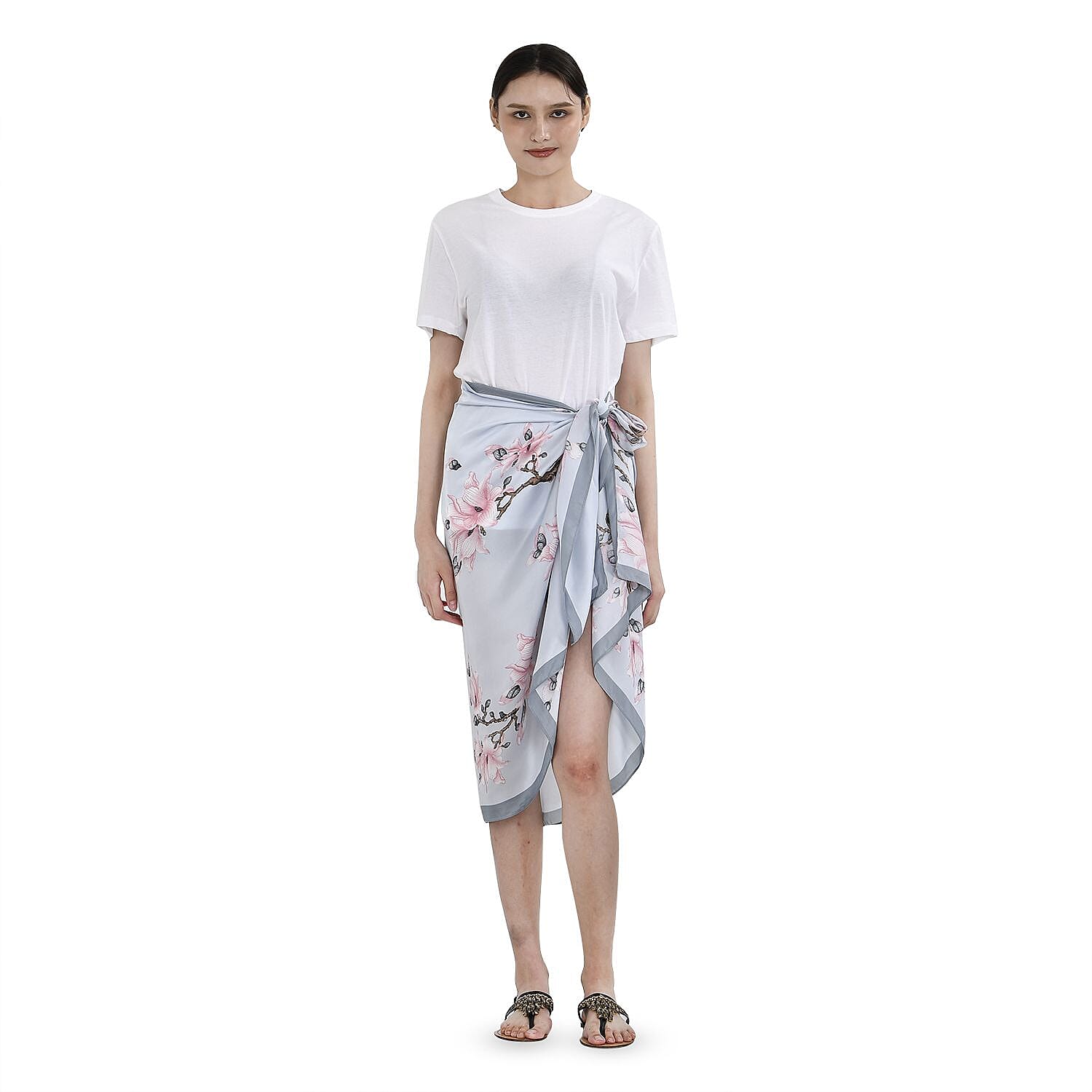 Super Soft Large Satin Floral Pattern Sarong-Scarf (Size 180x87 cm) - Pink - White